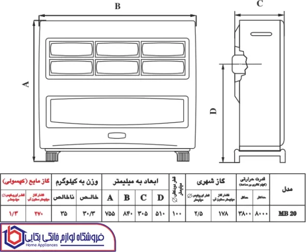 مشخصات بخاری گازی نیک کالا مدل مهتاب MB 20