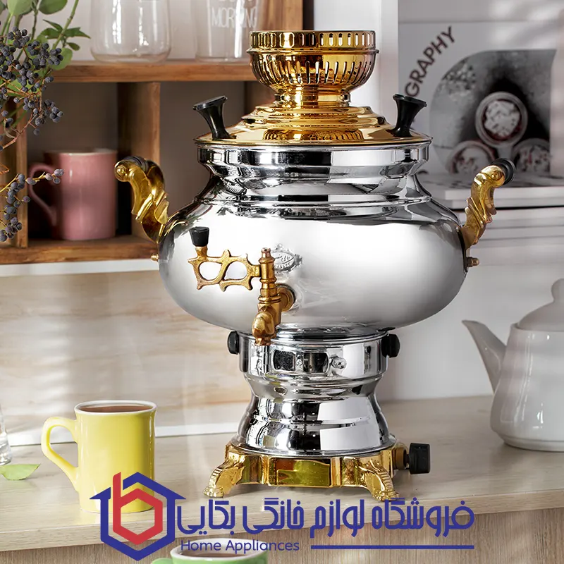 خیرد سماور گازسوز عالی نسب مدل سیمینه نفیس طلائی 5.5 لیتری